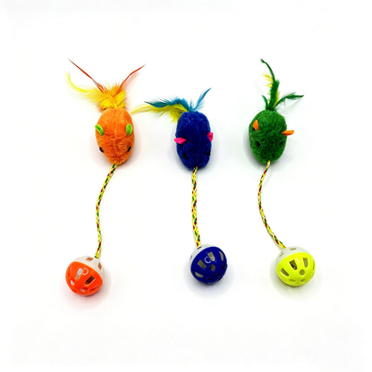 Orange, Blue and Green mouse-shaped cat toys displayed with feather tails above and attached balls below