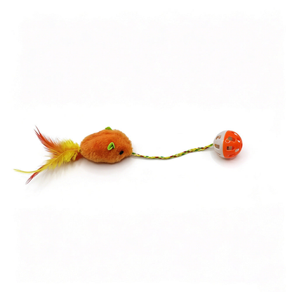 Orange mouse-shaped cat toy with feather tail, braided cord and orange-and-white perforated ball