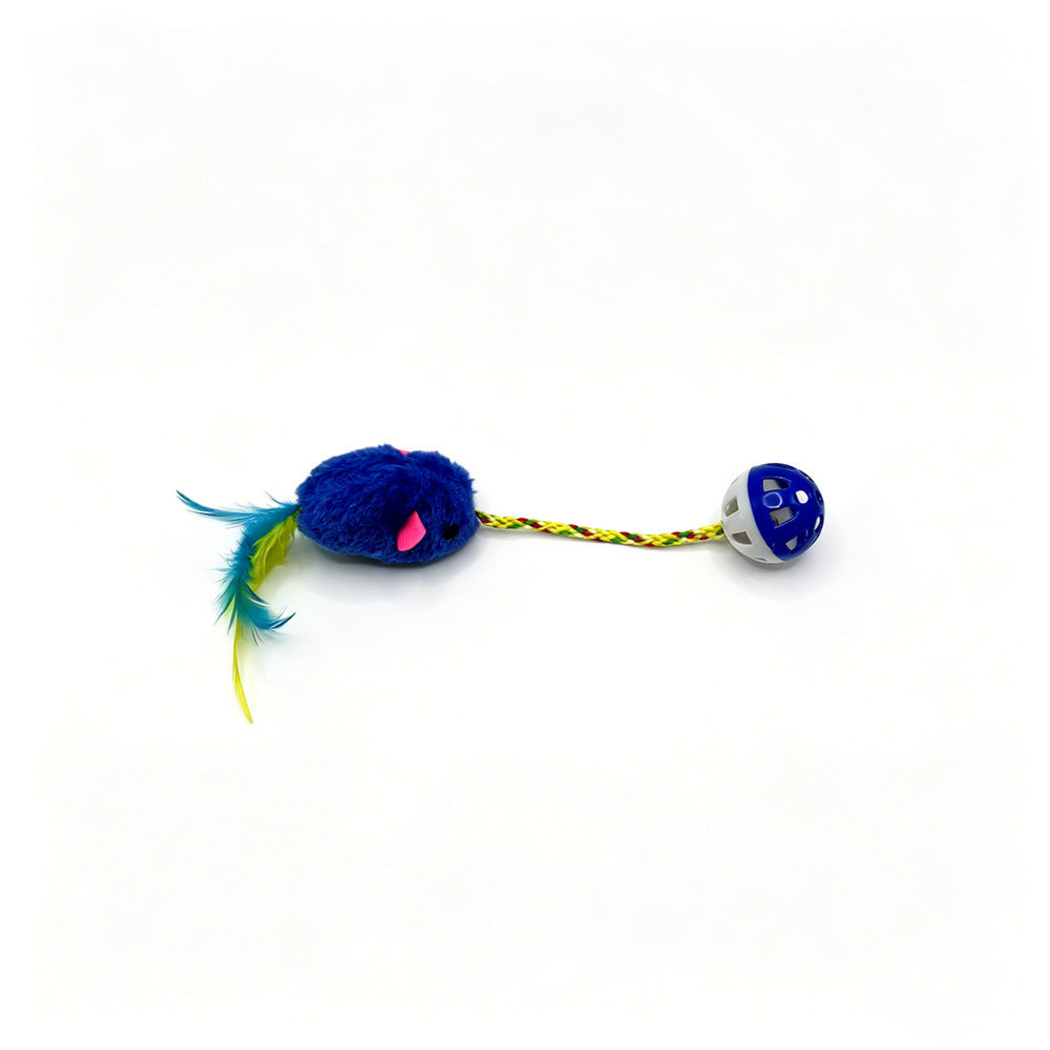 Blue mouse-shaped cat toy with feather tail, braided cord and blue-and-white perforated ball