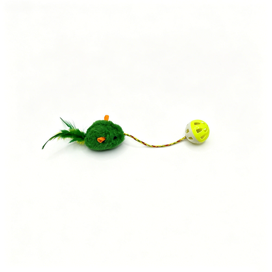 Green mouse-shaped cat toy with feather tail, braided cord and yellow-green-and-white perforated ball