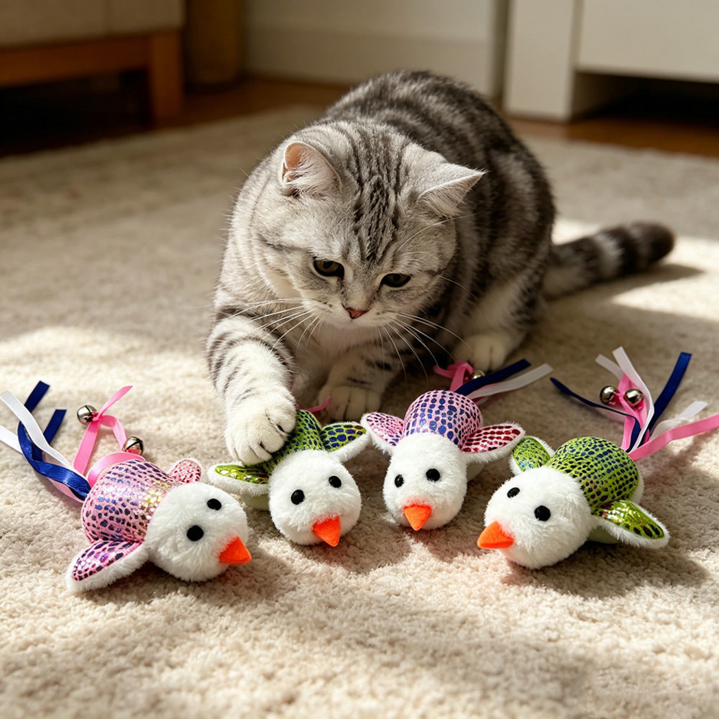 Cat reaching toward Green and Pink bird-shaped cat toys on a carpet