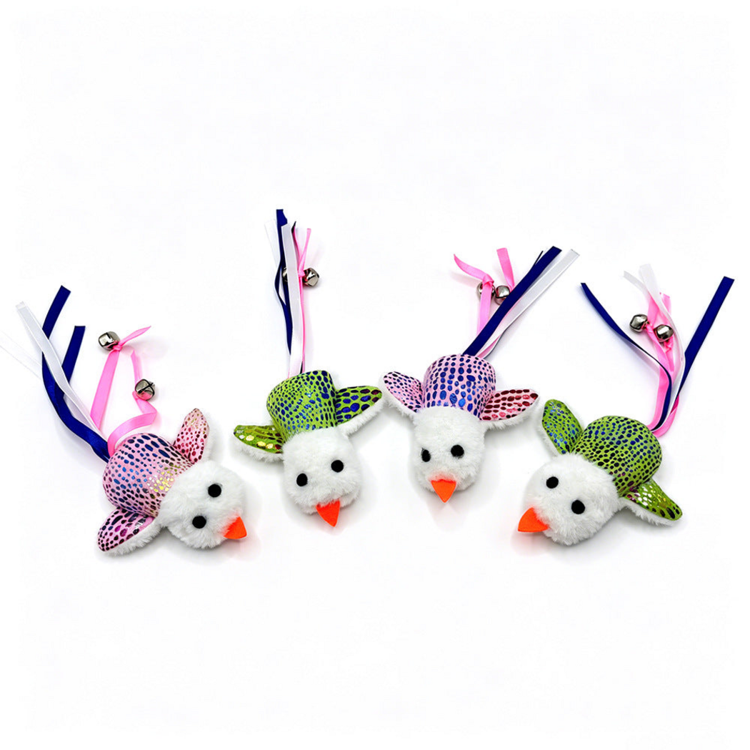 Green and Pink bird-shaped cat toys arranged at different angles with ribbons and bells
