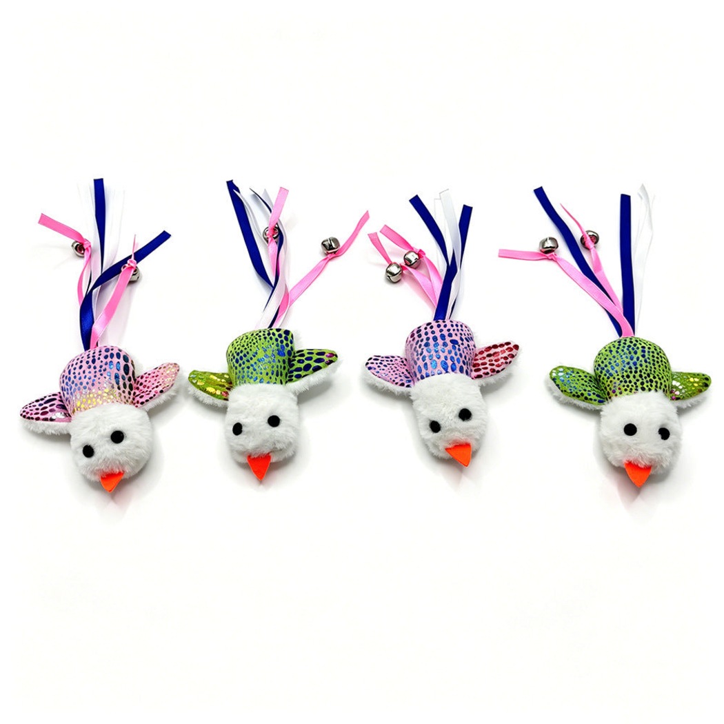 Green and Pink bird-shaped cat toys aligned on white with ribbons and bells
