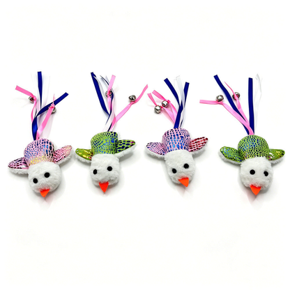 Green and Pink bird-shaped cat toys aligned on white with ribbons and bells
