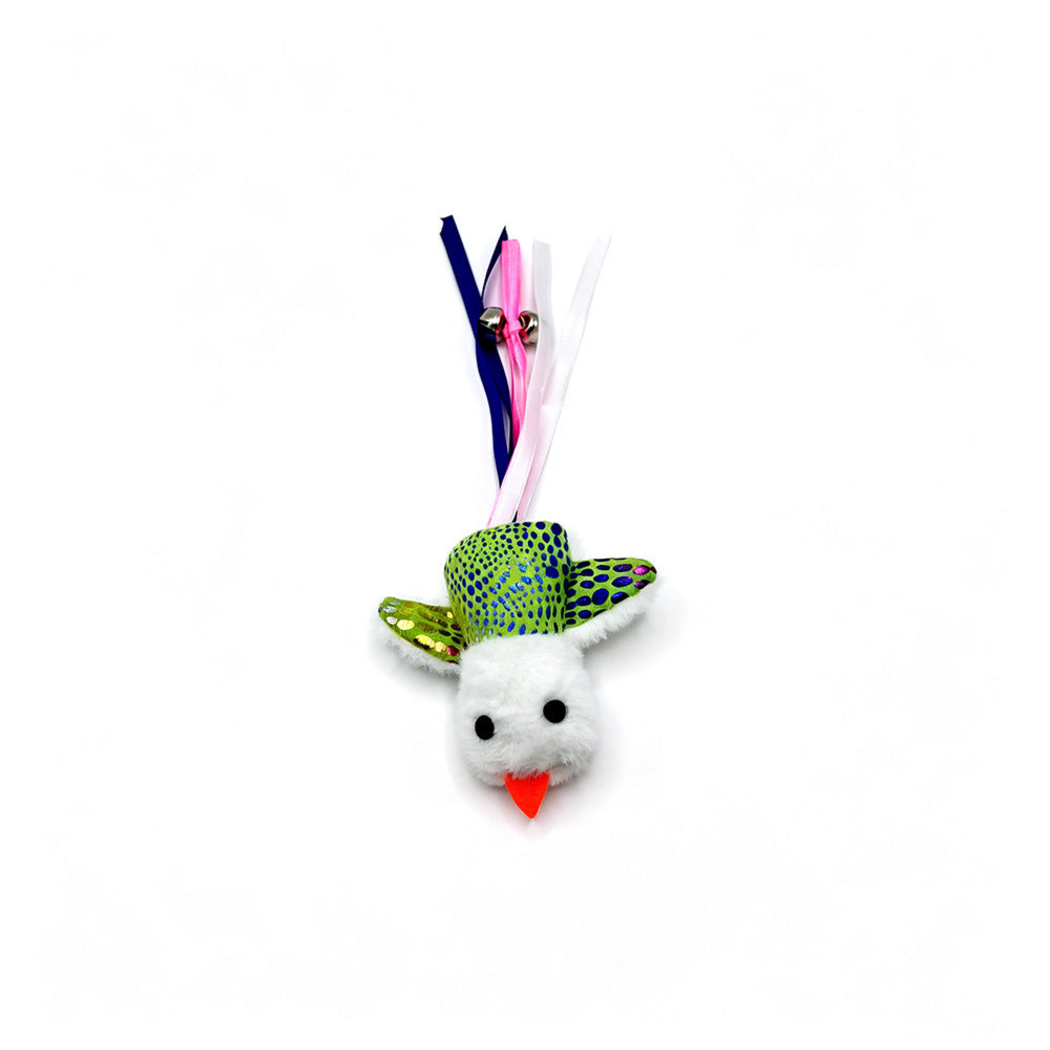 Green bird-shaped cat toy with blue dots, white head, ribbons and bells