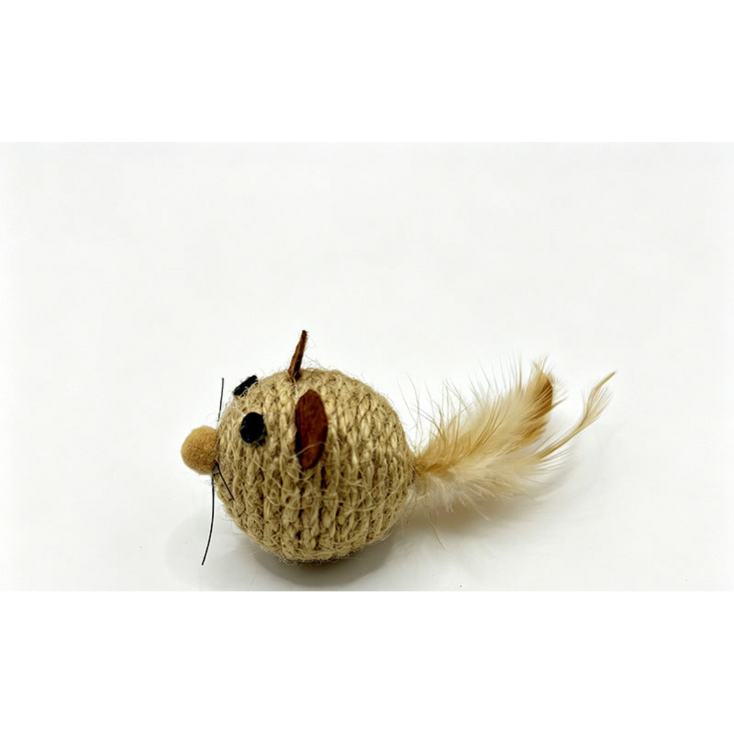 Mouse cat toy with coiled rope covering, brown ears and a pale feather tail, side view