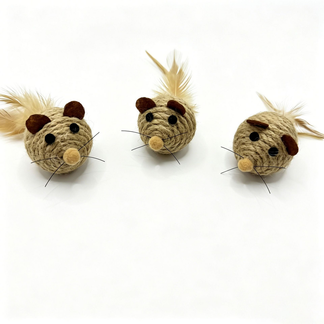 Mouse cat toys showing rounded rope-covered faces, brown ears and black whiskers