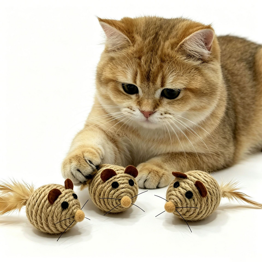 Golden cat resting a paw beside mouse cat toys with rope-covered bodies and feather tails