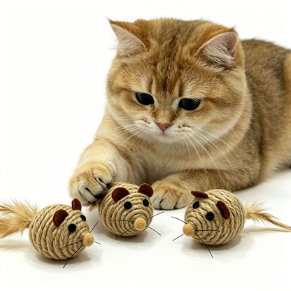 Golden cat resting a paw beside mouse cat toys with rope-covered bodies and feather tails