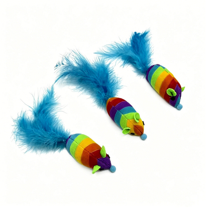 Rainbow-striped mouse-shaped cat toys with blue feather tails arranged diagonally