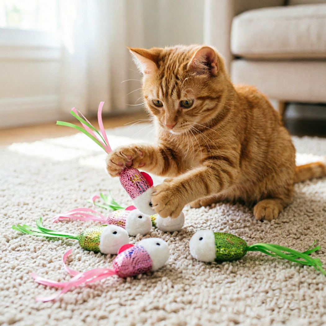 Orange cat holding a pink fish-shaped cat toy on a rug