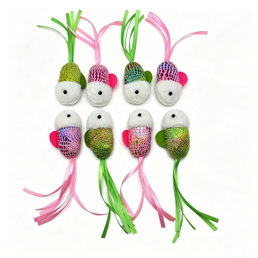 Pink and green fish-shaped cat toys arranged in two rows