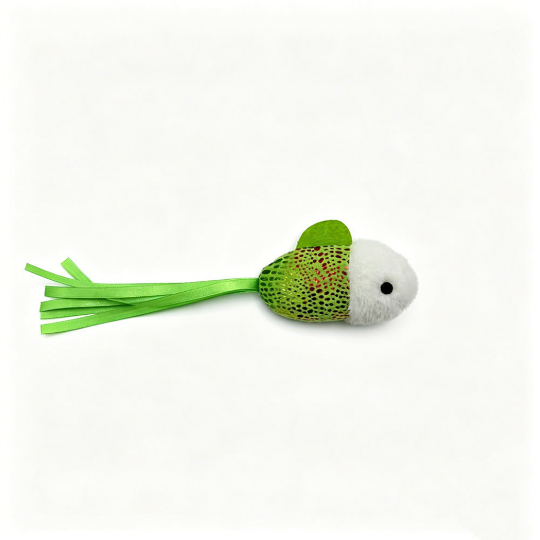 Green fish-shaped cat toy with a fuzzy white head, dotted body and ribbon tail