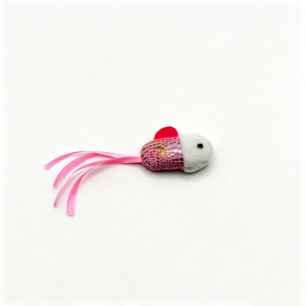 Pink fish-shaped cat toy with a fuzzy white head, dotted body and ribbon tail