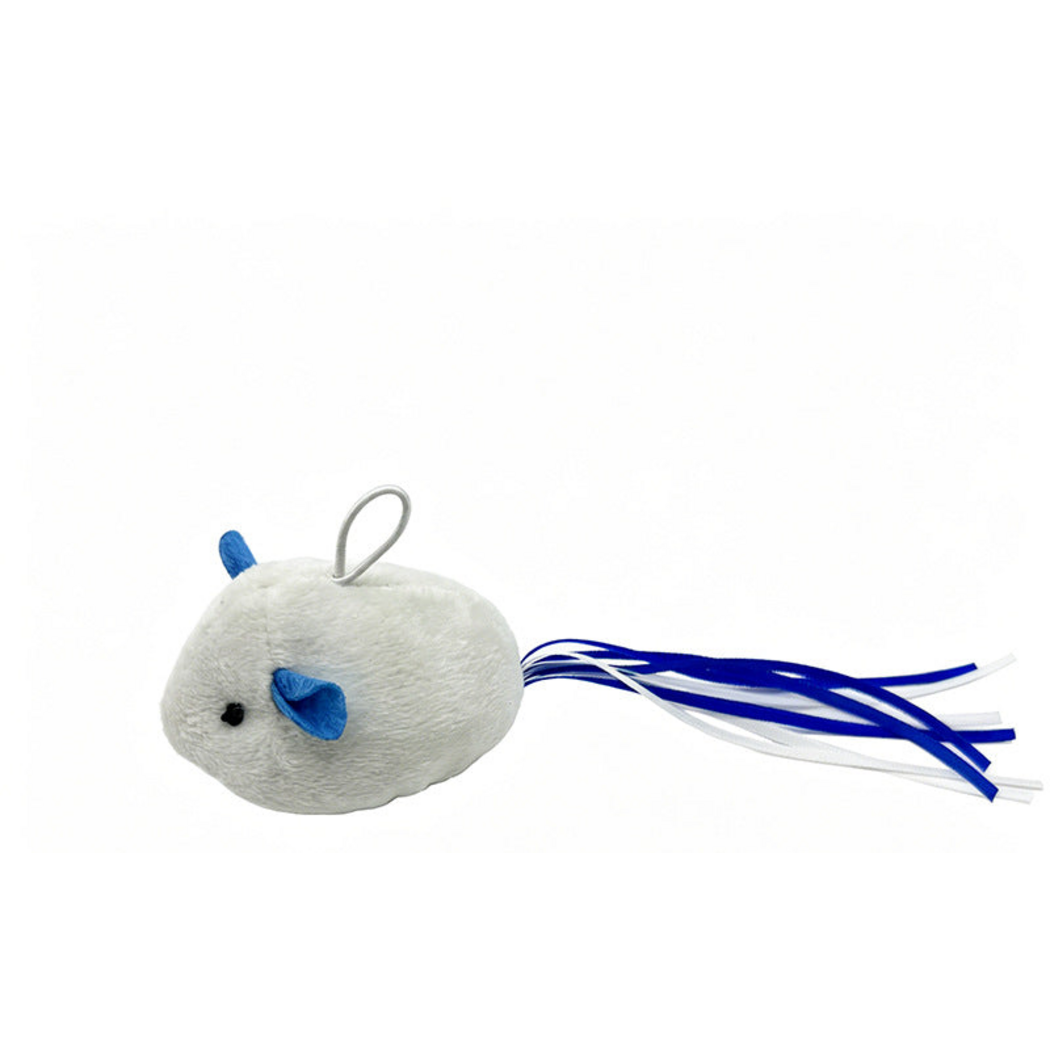 Mouse-shaped cat toy with blue ears, a white cord loop and blue and white ribbon tails, side view