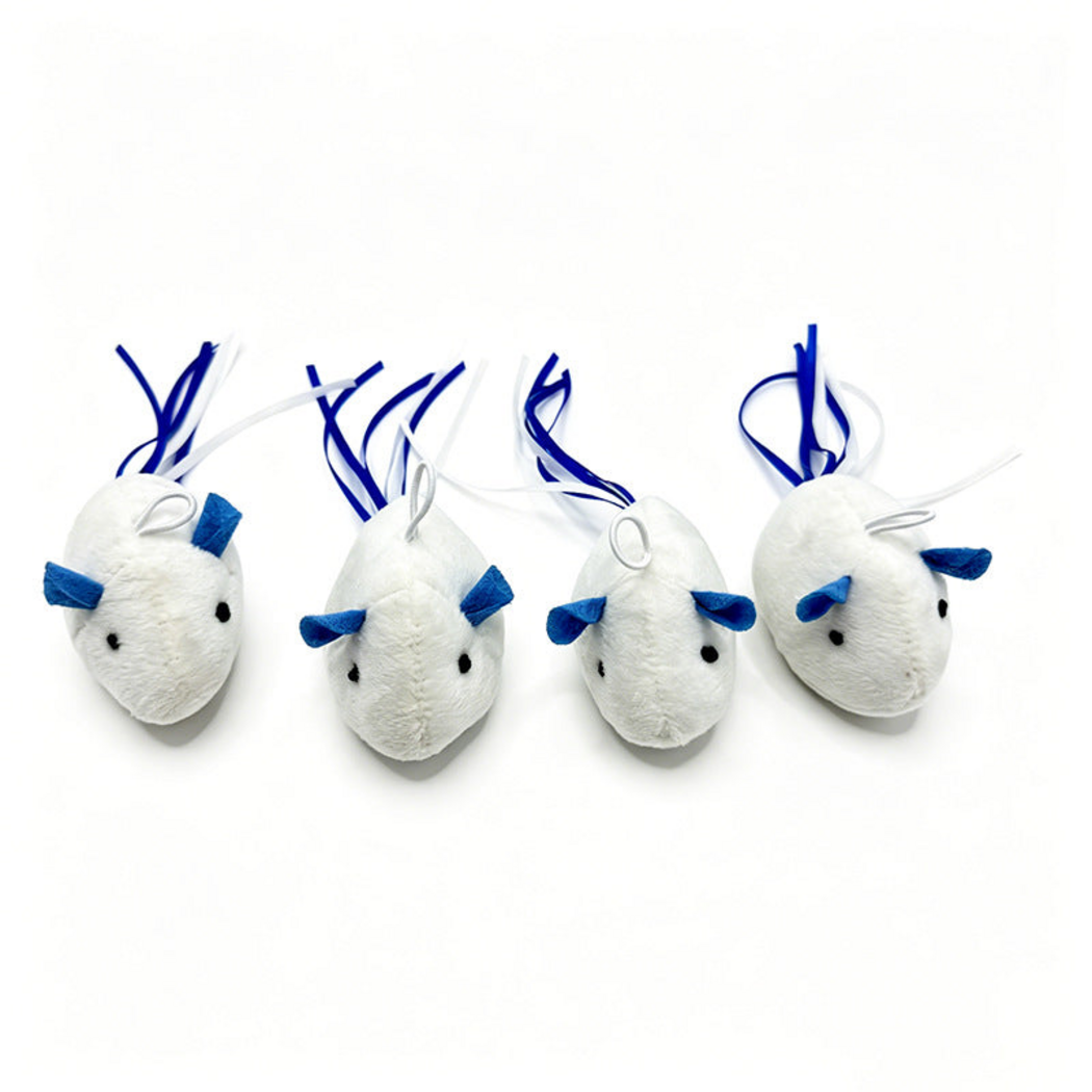 Mouse cat toys with blue ears, black eyes and blue and white ribbon tails, front view