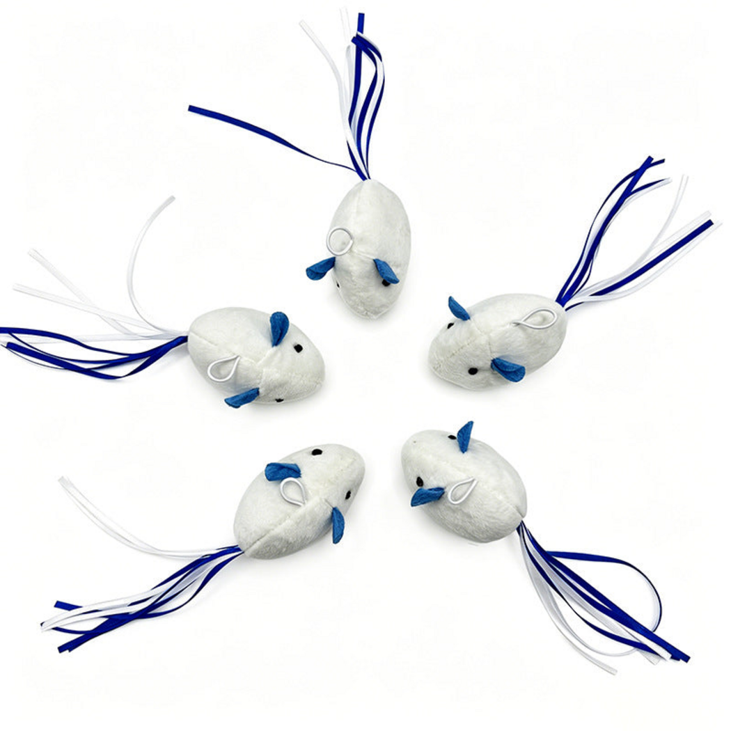 Mouse-shaped cat toys arranged radially, showing cord loops and spread ribbon tails from above