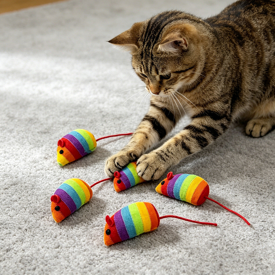 Cat holding a rainbow-striped mouse-shaped cat toy among matching toys on a carpet