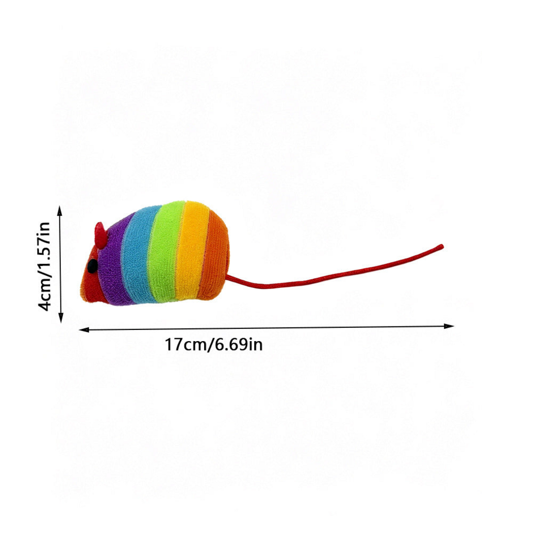 Rainbow-striped mouse-shaped cat toy with metric and imperial measurement labels