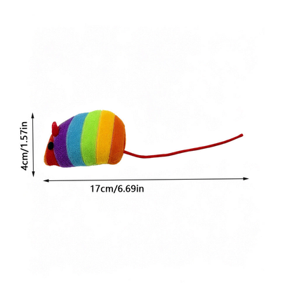 Rainbow-striped mouse-shaped cat toy with metric and imperial measurement labels