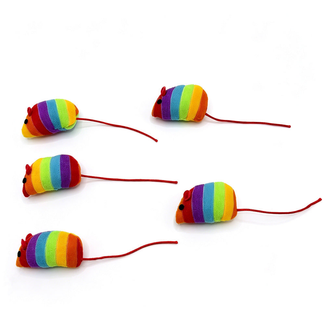 Mouse cat toys with rainbow stripes and red cord tails displayed on white