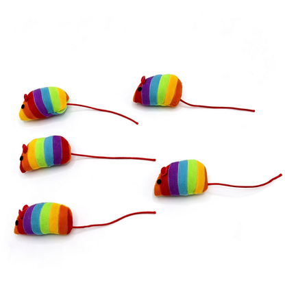 Mouse cat toys with rainbow stripes and red cord tails displayed on white
