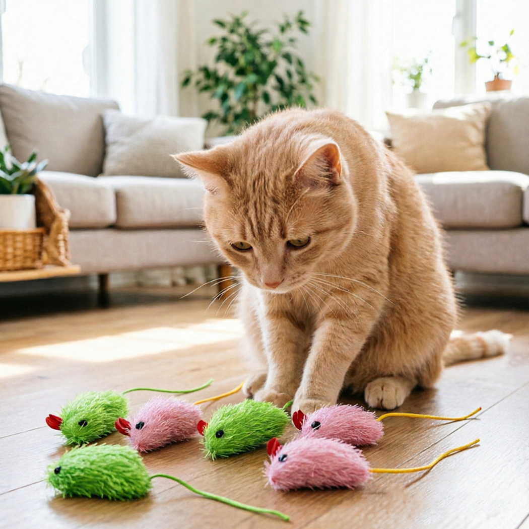 Orange cat sitting beside green and pink mouse-shaped cat toys on a wooden floor