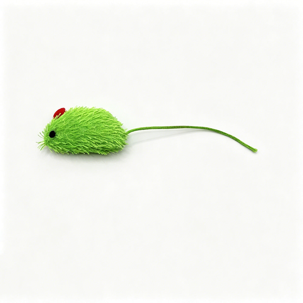 Green mouse-shaped cat toy with a red ear, black eye and long green cord tail