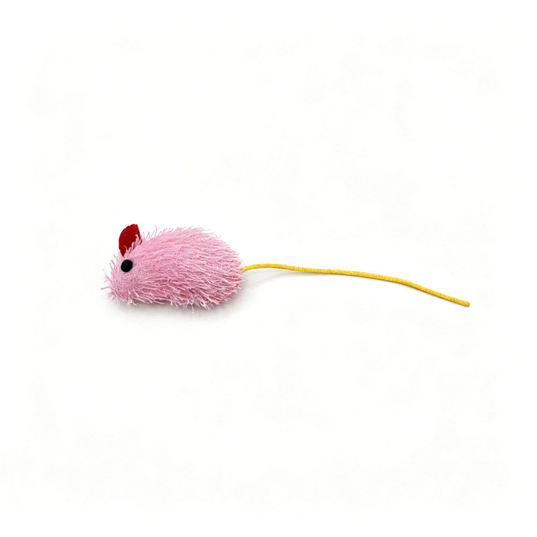 Pink mouse-shaped cat toy with a red ear, black eye and long yellow cord tail