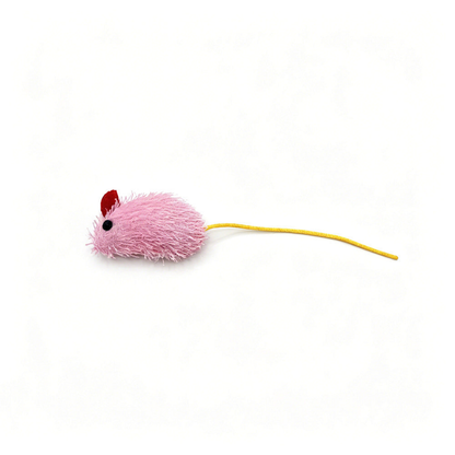 Pink mouse-shaped cat toy with a red ear, black eye and long yellow cord tail