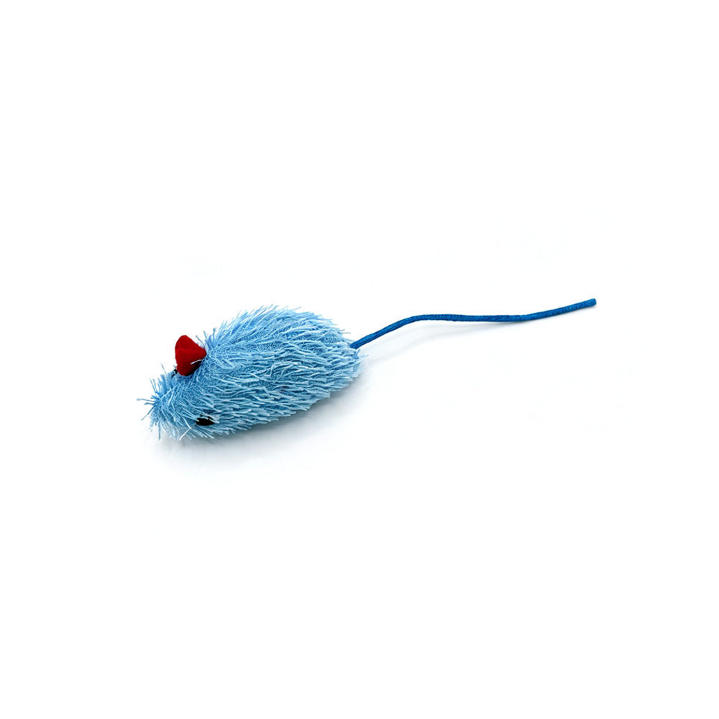 Blue mouse-shaped cat toy with a red ear and long blue cord tail