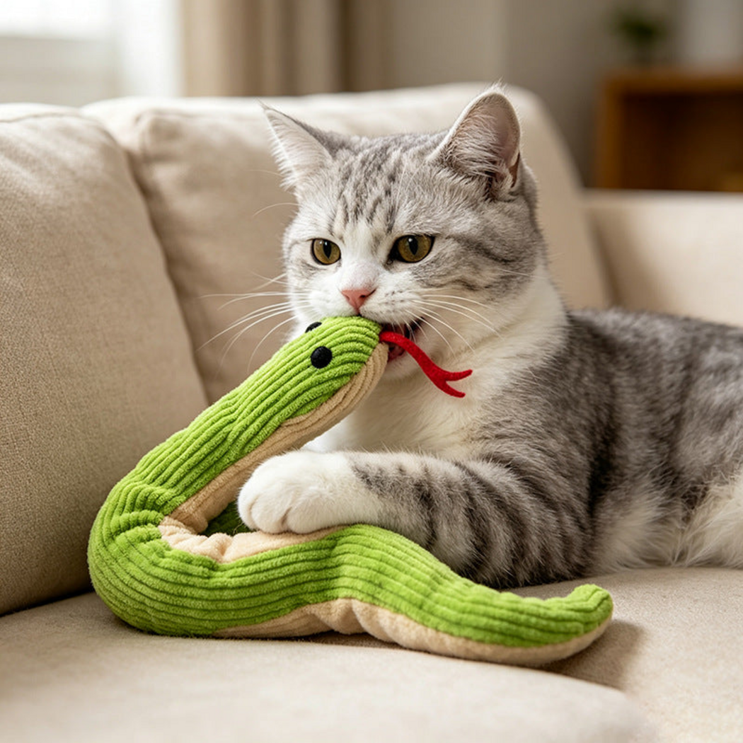 Tabby cat holding a green snake-shaped cat toy on a sofa