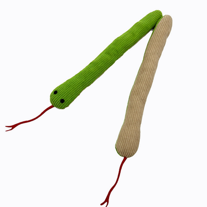 Green snake-shaped cat toys showing the ribbed upper surface and beige underside