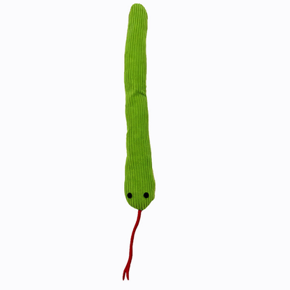 Snake cat toy with a green ribbed body, black eyes and red forked tongue
