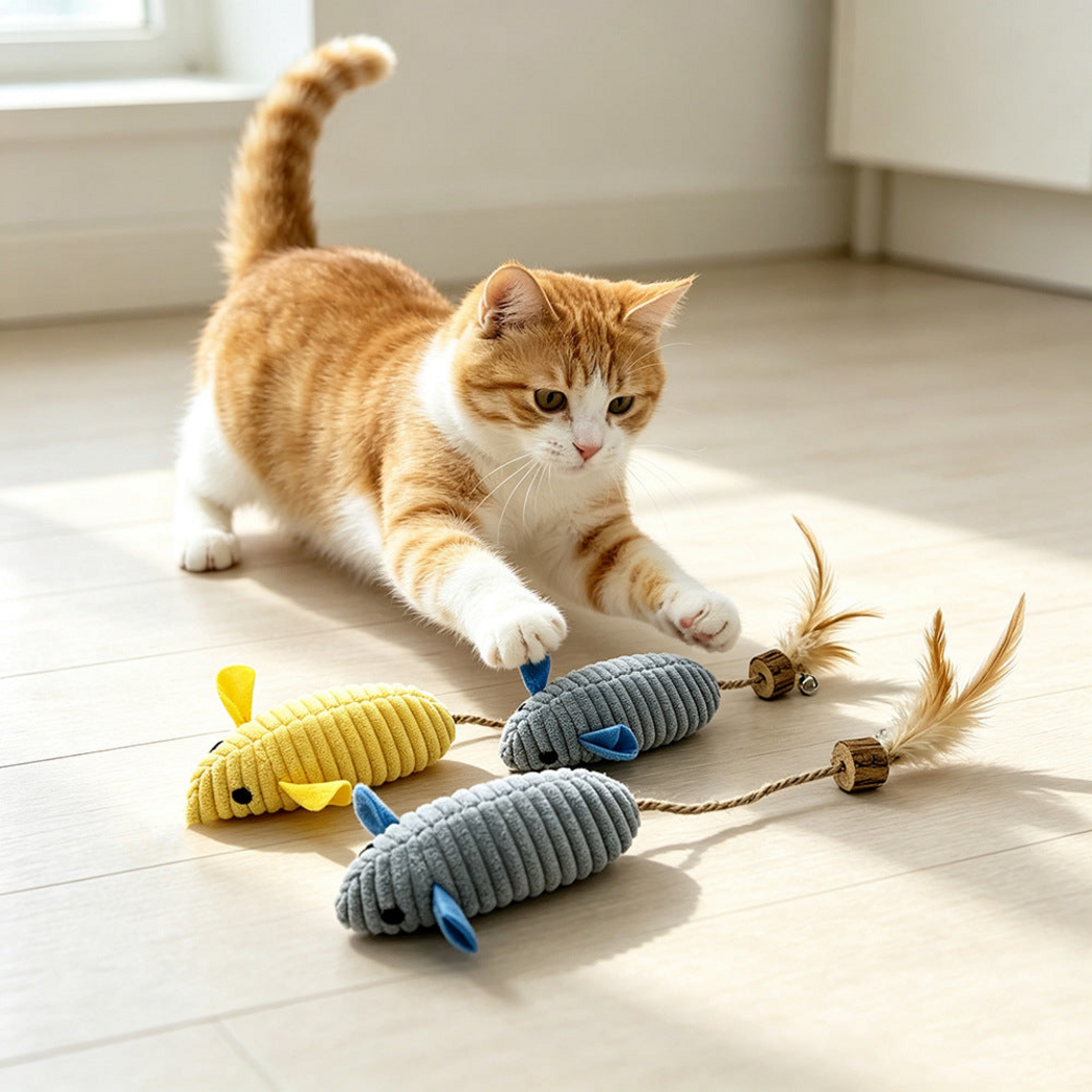 Orange and white cat reaching toward ribbed mouse cat toys with cord and feather tails