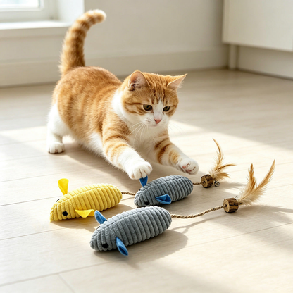 Orange and white cat reaching toward ribbed mouse cat toys with cord and feather tails