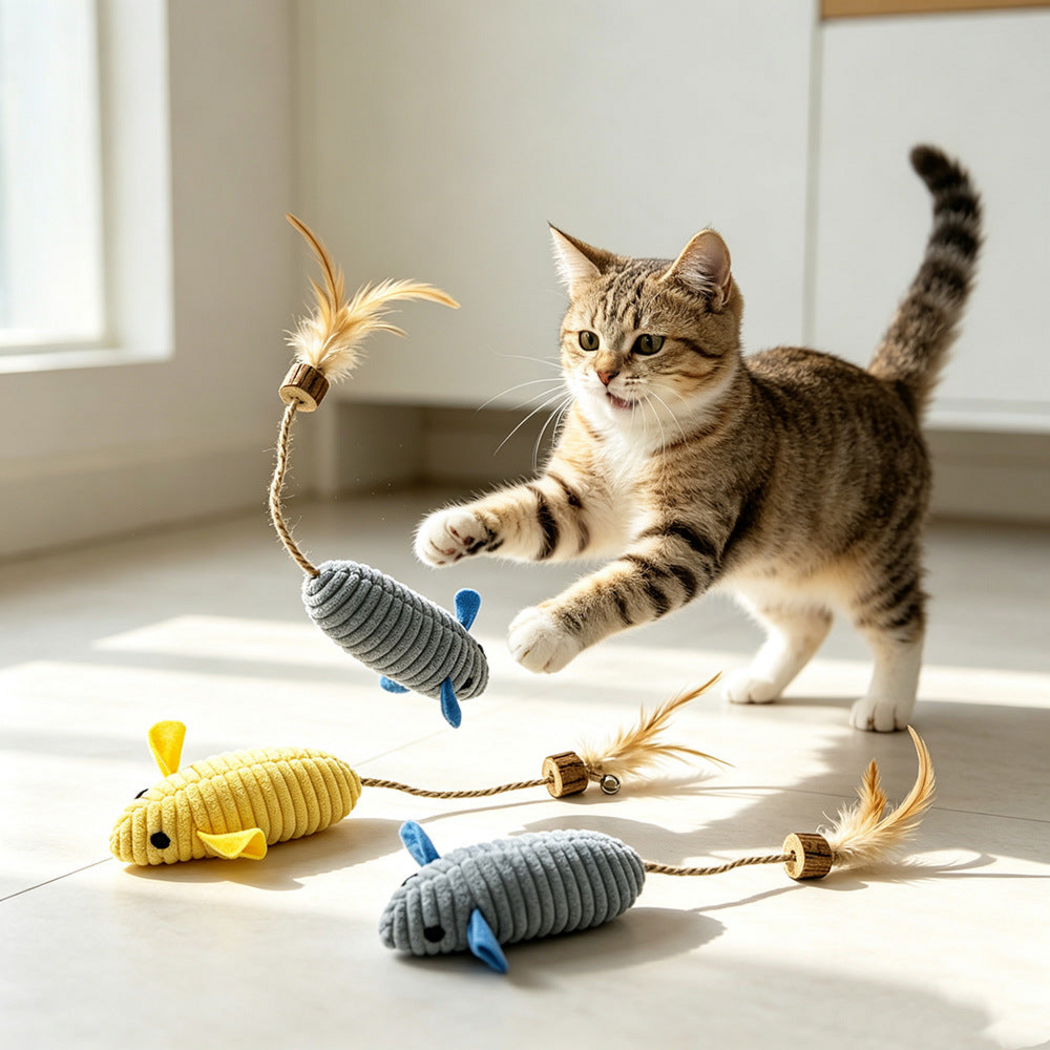 Tabby cat reaching toward a raised mouse cat toy beside two toys on the floor