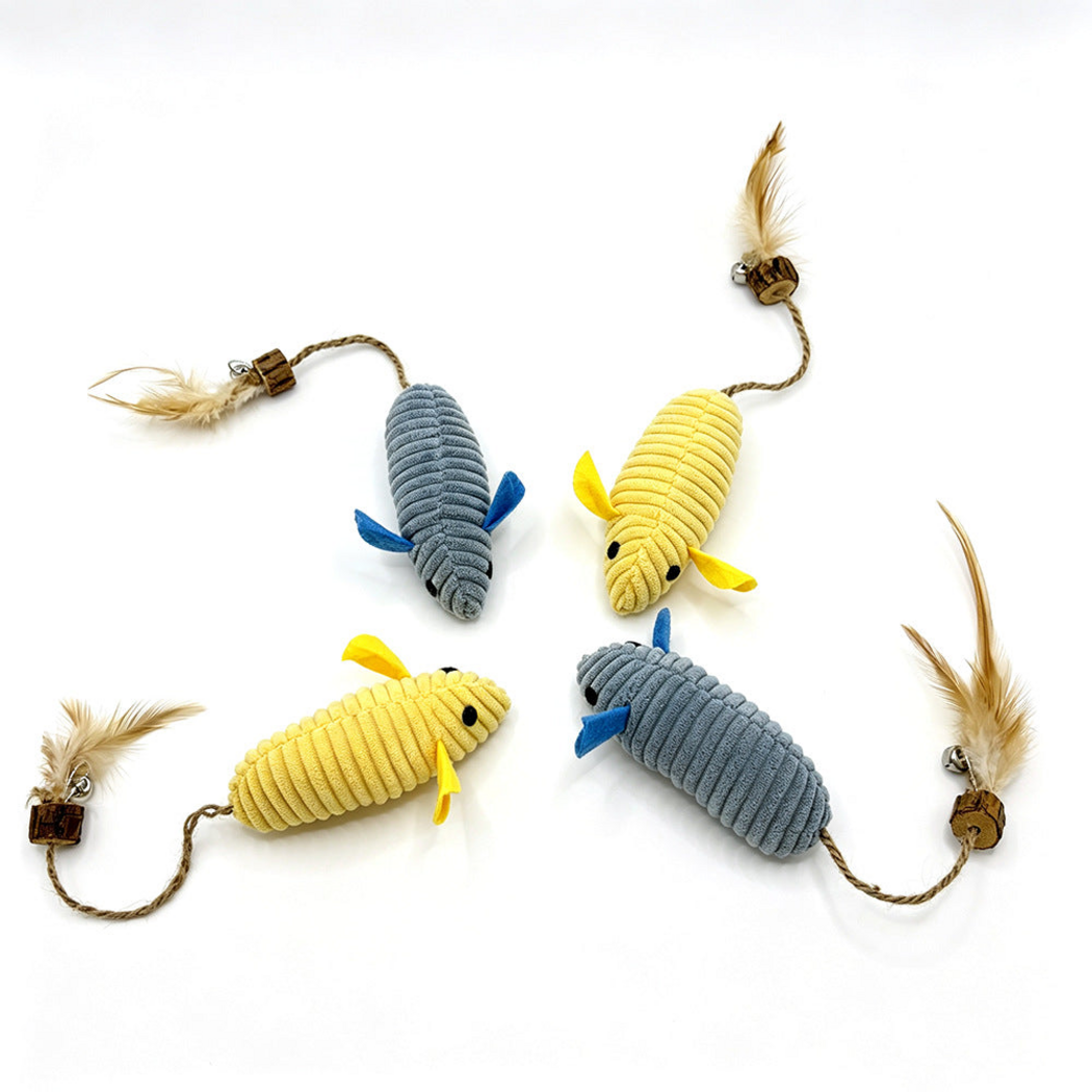 Blue and Yellow mouse cat toys arranged at different angles with cord and feather tails