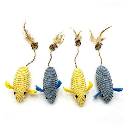 Blue and Yellow ribbed mouse cat toys aligned with their cord and feather tails extended