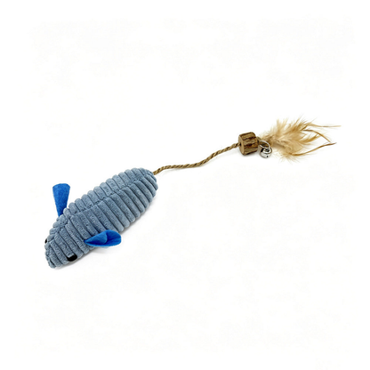 Blue ribbed mouse cat toy with blue fabric details, cord tail, bead and feather