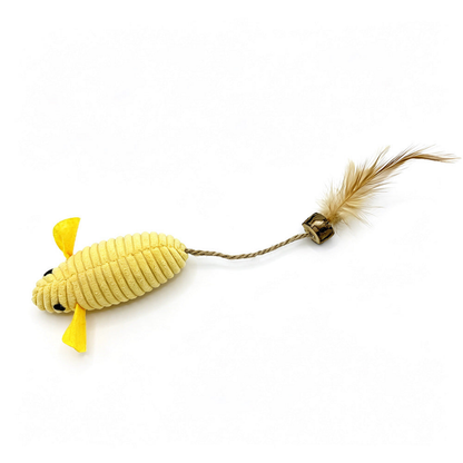 Yellow ribbed mouse cat toy with cord tail, bead and feather on white