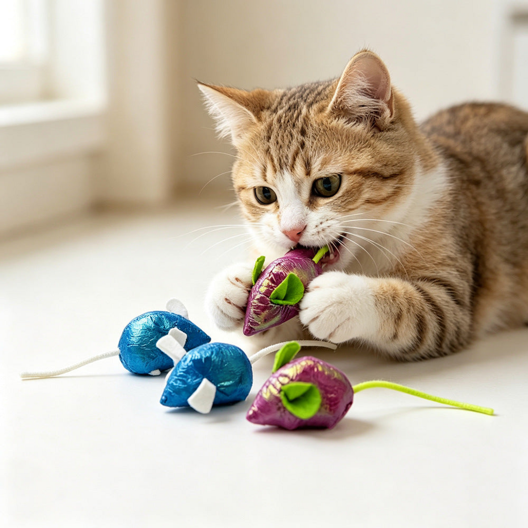 Cat holding a Purple mouse-shaped toy beside Blue and Purple toys