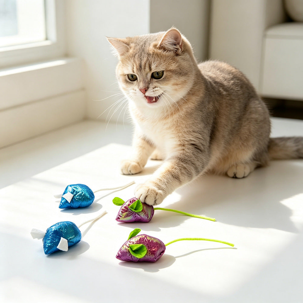 Cat reaching toward a Purple mouse-shaped toy beside Blue toys