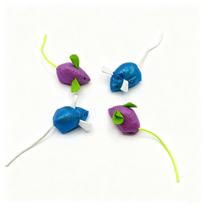 Blue and Purple mouse-shaped cat toys showing seams, ears and cord tails