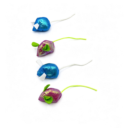 Blue and Purple mouse-shaped cat toys arranged diagonally with long cord tails