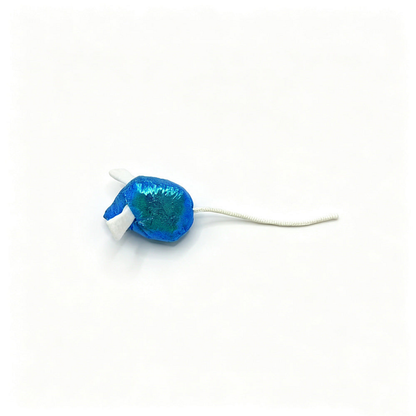 Blue mouse-shaped cat toy with white ears and a long white cord tail