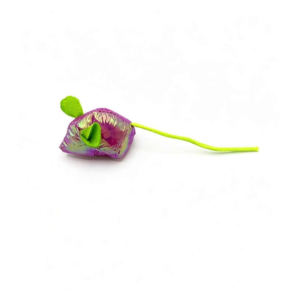 Purple mouse-shaped cat toy with green ears and a long green cord tail