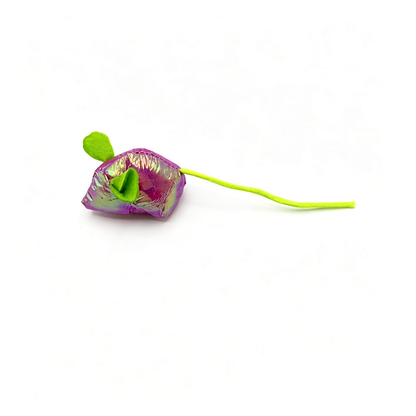 Purple mouse-shaped cat toy with green ears and a long green cord tail