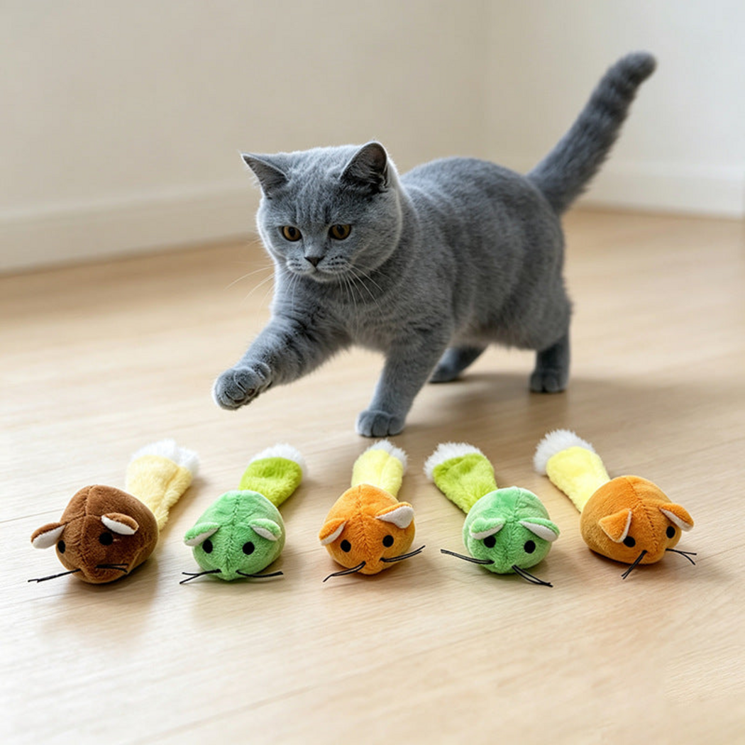Gray cat approaching mouse-shaped cat toys on a wooden floor