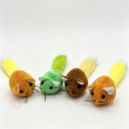 Mouse-shaped cat toys in Green, Orange and Brown, viewed at an angle
